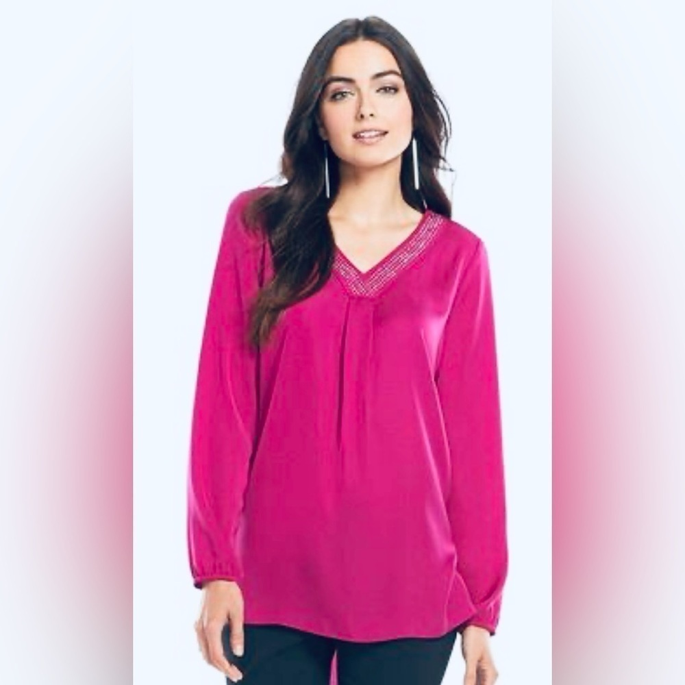 Raspberry tunic w rhinestone v nk & elastic slvs SZ XL holiday party